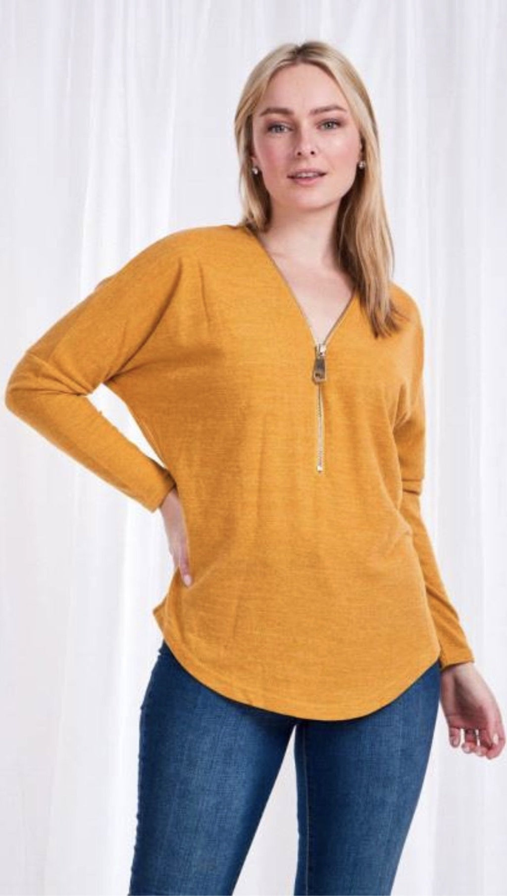 V-Neck Loose Fit Zip Front Top