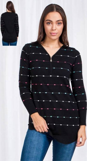 Long Sleeves Zip Front Knit Pullover With Multi Color Embroidered Spot Detail