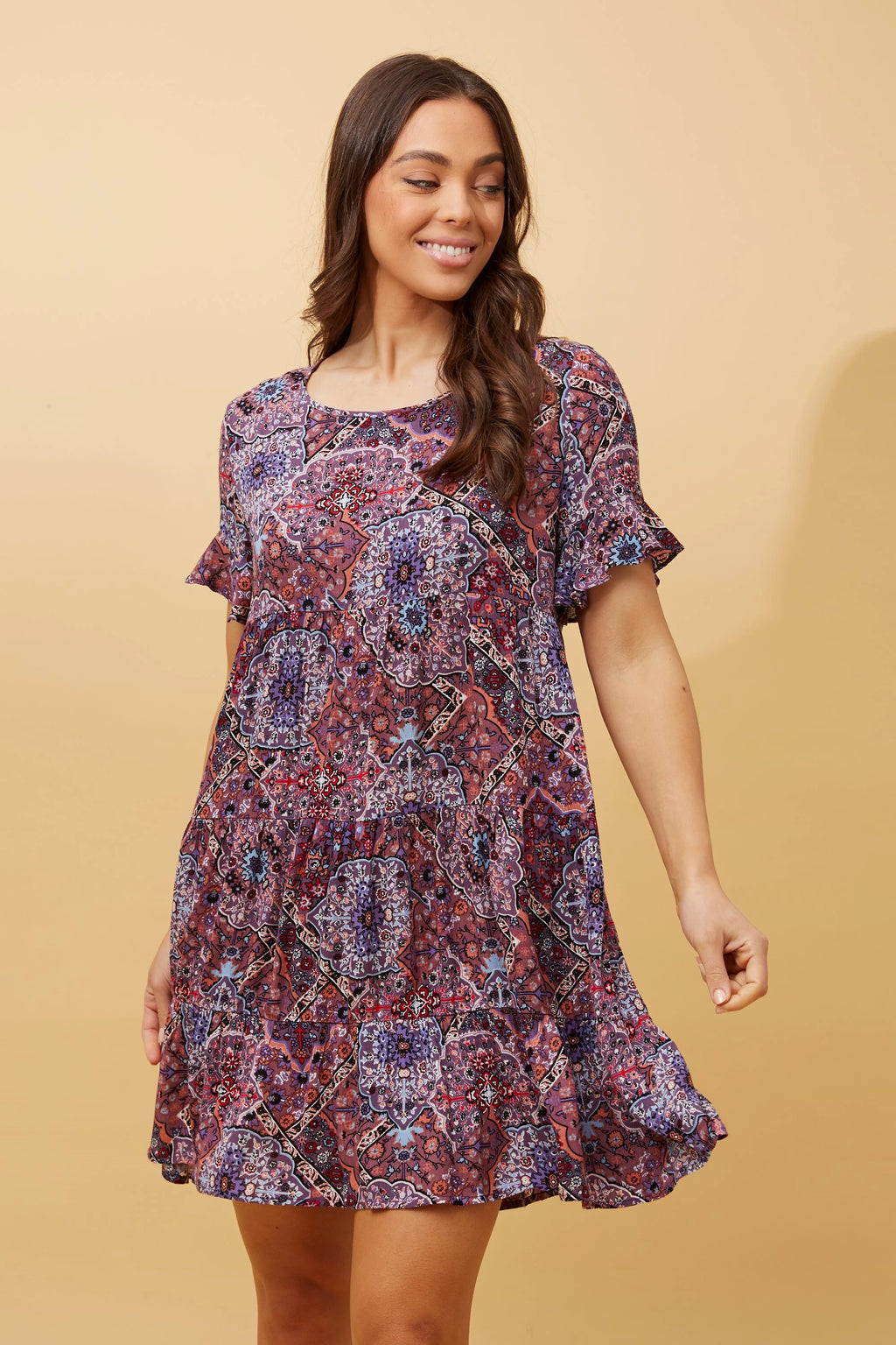 LARA PATCHWORK BOHO TIERED SHORT DRESS