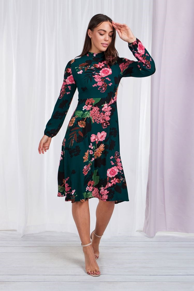 Long Sleeve Floral Print Dress With High Collar