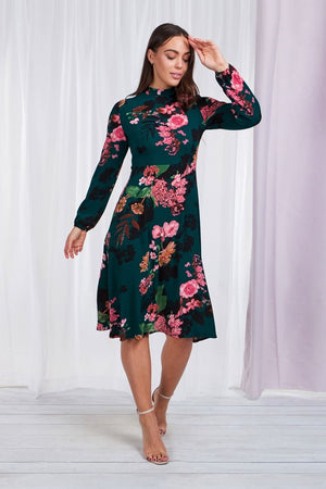 Long Sleeve Floral Print Dress With High Collar