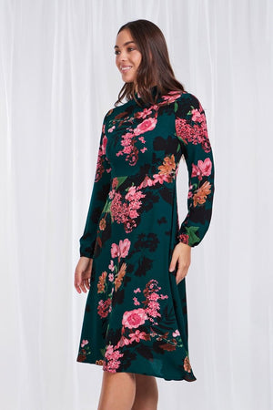 Long Sleeve Floral Print Dress With High Collar