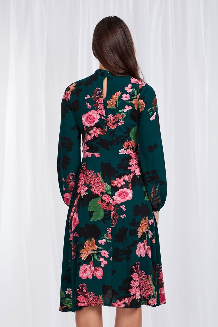 Long Sleeve Floral Print Dress With High Collar