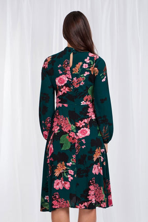 Long Sleeve Floral Print Dress With High Collar