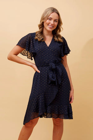 MOCK WRAP GOLD POLKA DOT SHORT DRESS