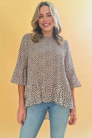 NANCY ANIMAL PRINT PLEATED HI LOW HEM TOP