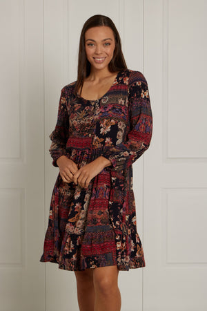 PATCHWORK BOHO PRINT SHORT DRESS