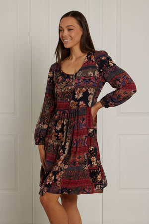 PATCHWORK BOHO PRINT SHORT DRESS