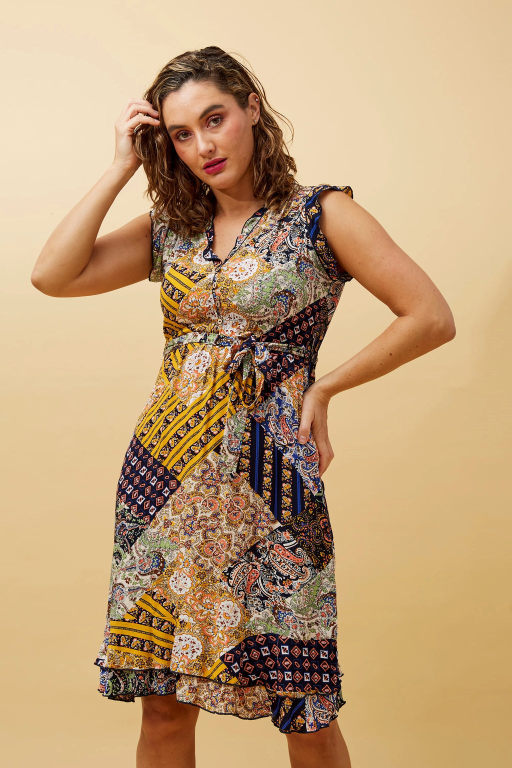 PATCHWORK BOHO TIE WAIST TEA DRESS