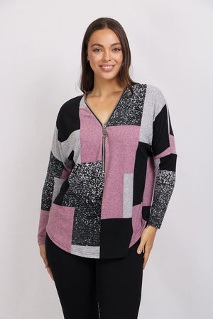 Long Sleeve Zip Front Patchwork Print Top