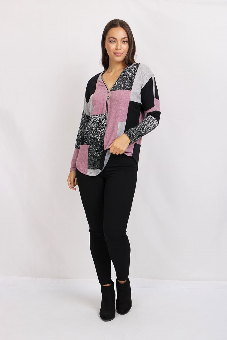 Long Sleeve Zip Front Patchwork Print Top