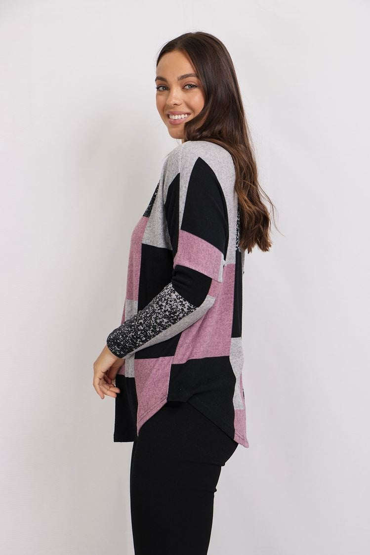 Long Sleeve Zip Front Patchwork Print Top