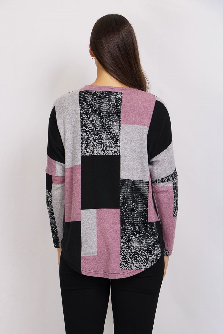 Long Sleeve Zip Front Patchwork Print Top