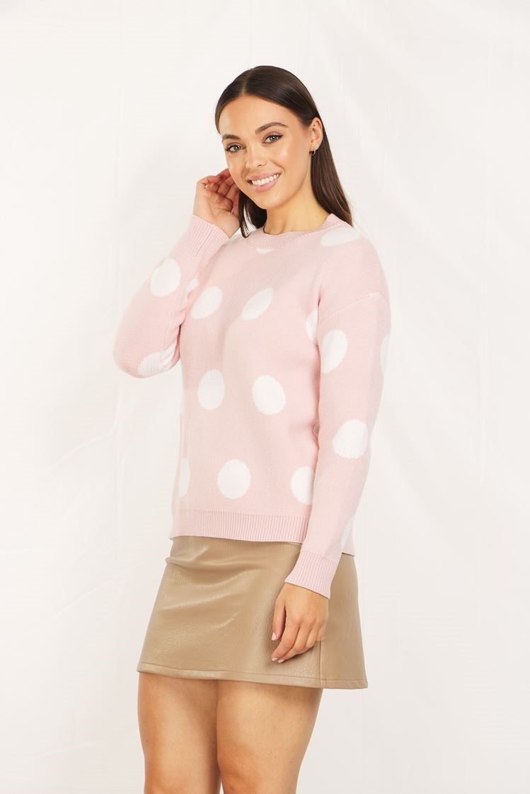 Long Sleeves Polka Dot Print Knit Pullover
