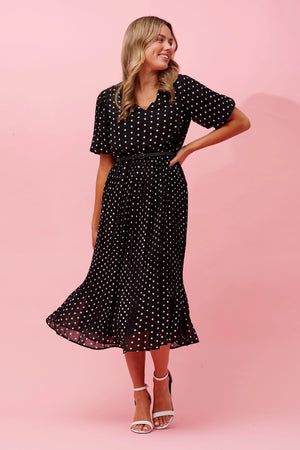 POLKA DOT PLEATED MIDI DRESS