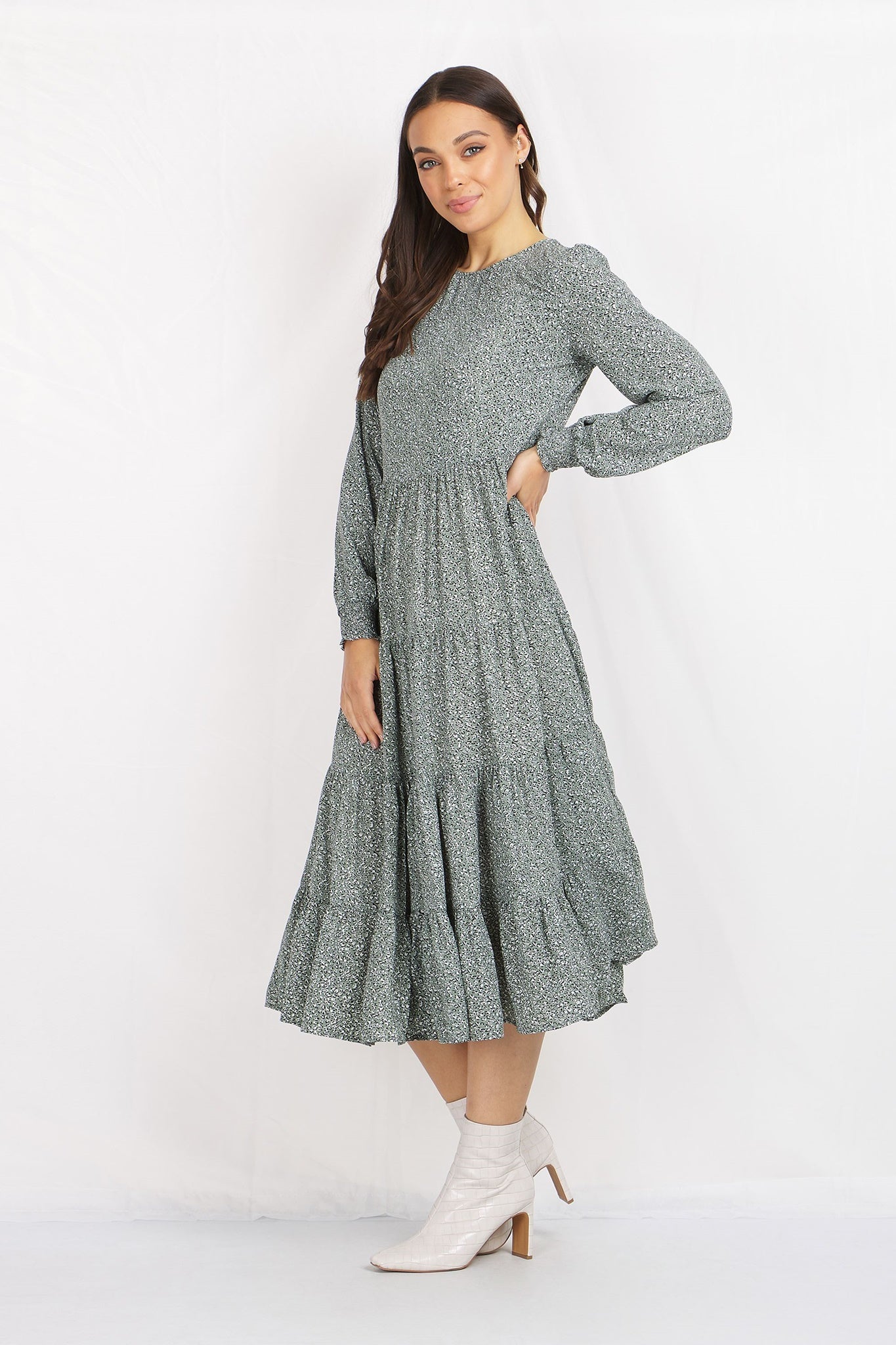 Long Sleeves Printed Tiered Dress