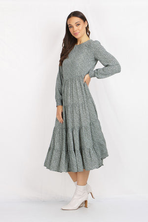 Long Sleeves Printed Tiered Dress