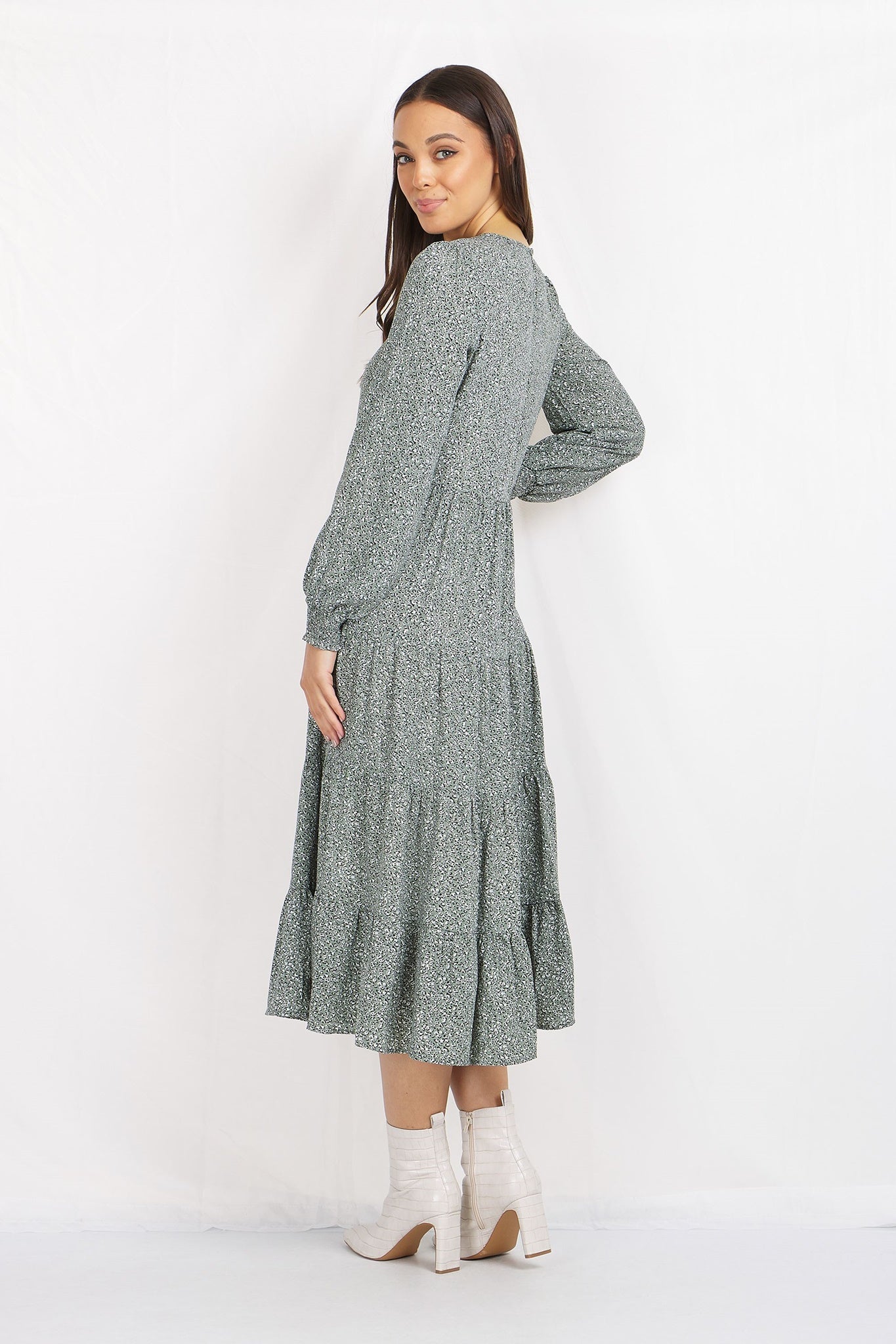 Long Sleeves Printed Tiered Dress