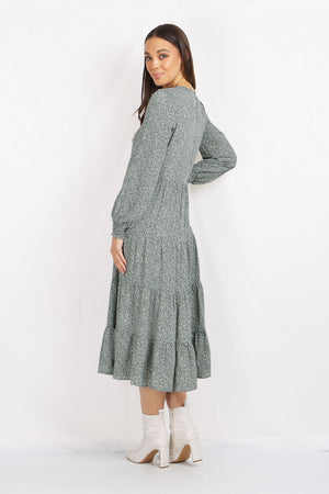 Long Sleeves Printed Tiered Dress