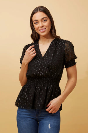 PUFF SLEEVE CROSSOVER GLITTER TOP