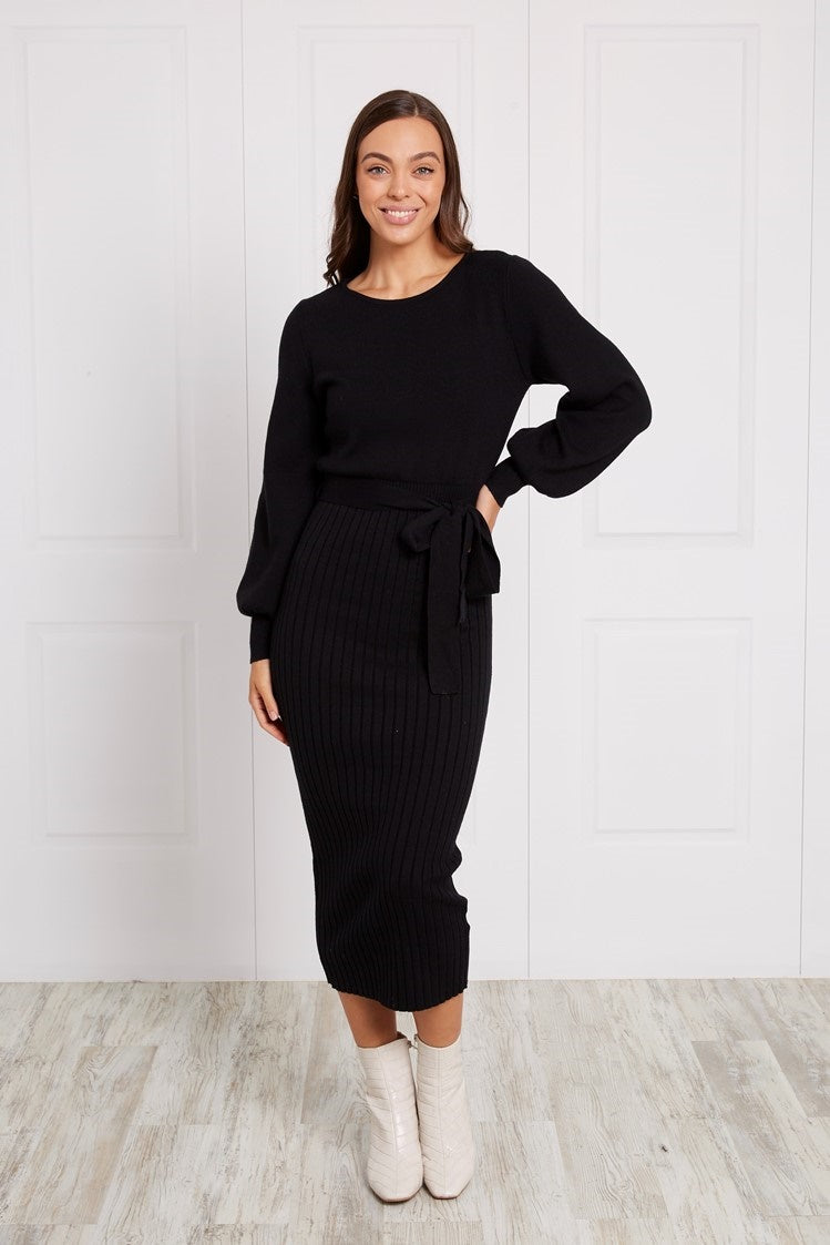 PUFF SLEEVE RIB KNIT MIDI DRESS