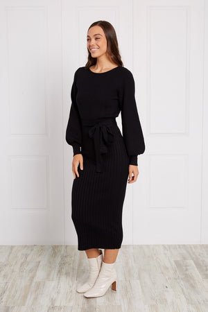 PUFF SLEEVE RIB KNIT MIDI DRESS