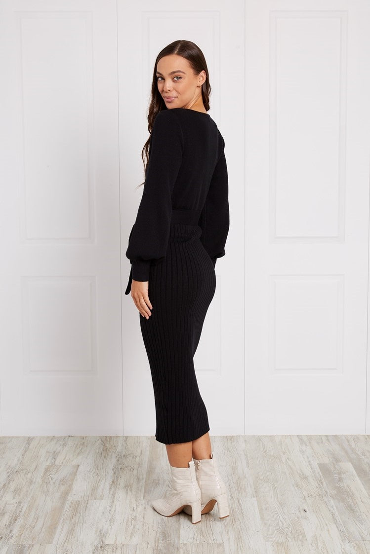 PUFF SLEEVE RIB KNIT MIDI DRESS
