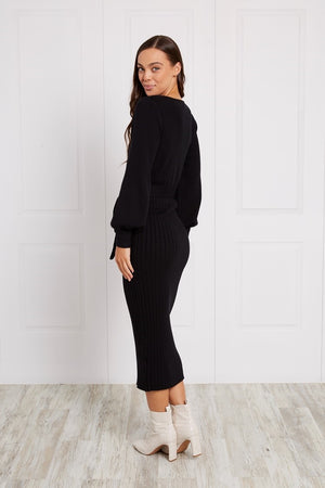 PUFF SLEEVE RIB KNIT MIDI DRESS