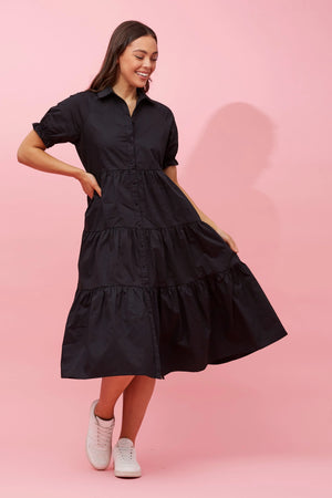 PUFF SLEEVE TIERED MIDI DRESS