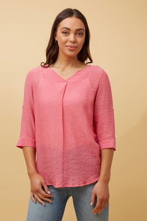 ROLL UP SLEEVE NOTCH NECK TOP