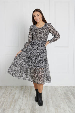 SHIRRED ANIMAL PRINT MIDI DRESS