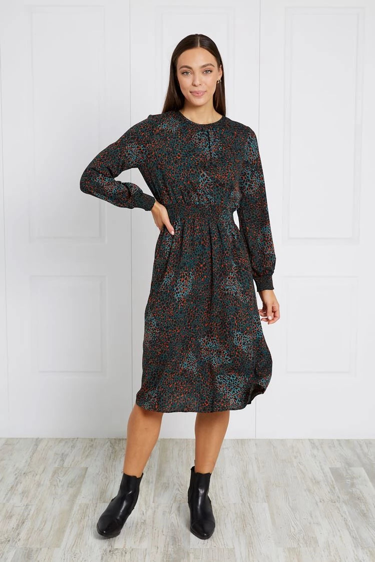 SHIRRED ANIMAL PRINT MIDI DRESS