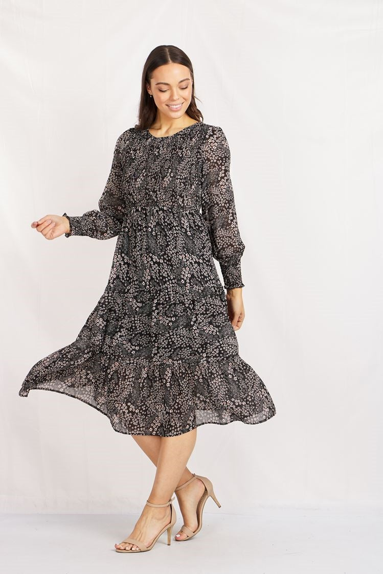 Long Sleeves Shirring Detail Floral Print Maxi Dress