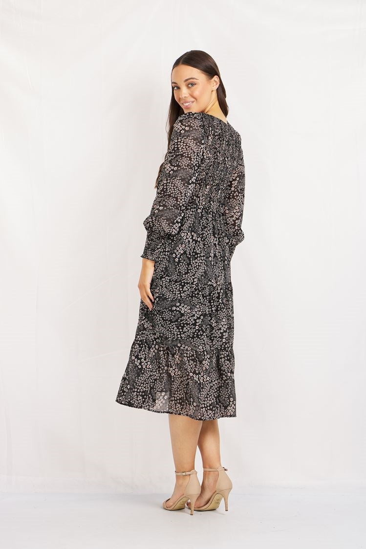 Long Sleeves Shirring Detail Floral Print Maxi Dress