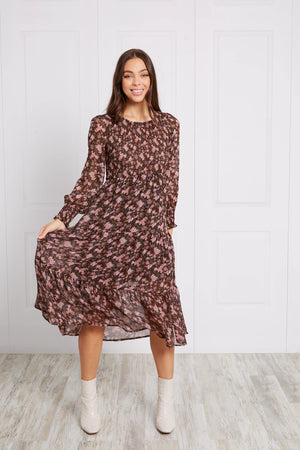 SHIRRED FLORAL MIDI DRESS