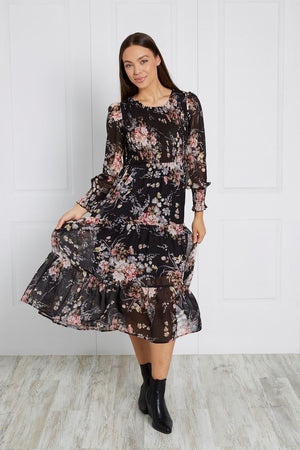 SHIRRED FLORAL MIDI DRESSS