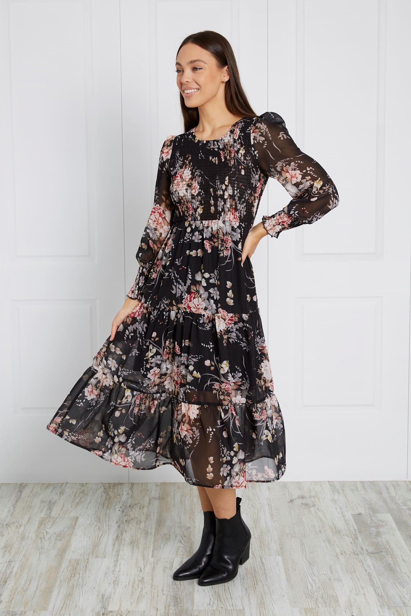 SHIRRED FLORAL MIDI DRESSS