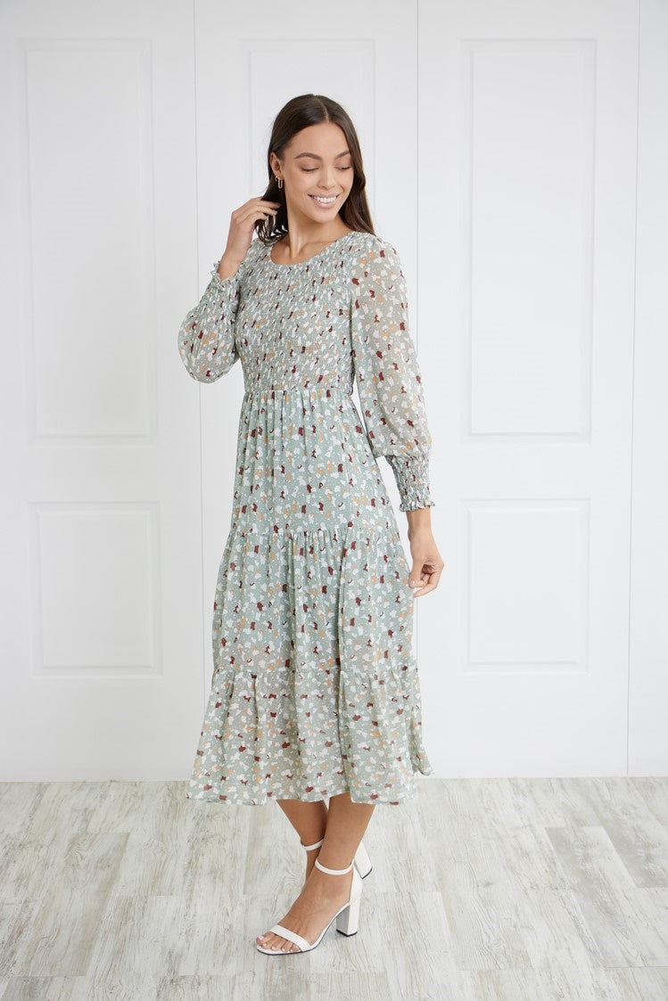 SHIRRED MIDI DRESS