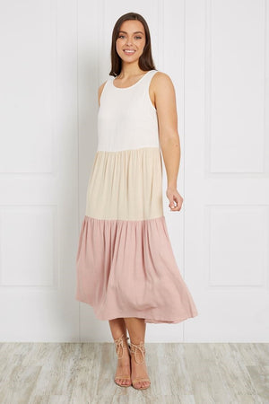 SLEEVELESS TIERED MIDI DRESS