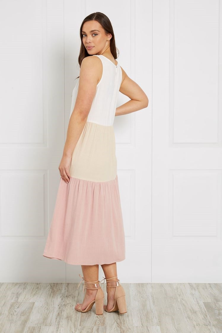 SLEEVELESS TIERED MIDI DRESS