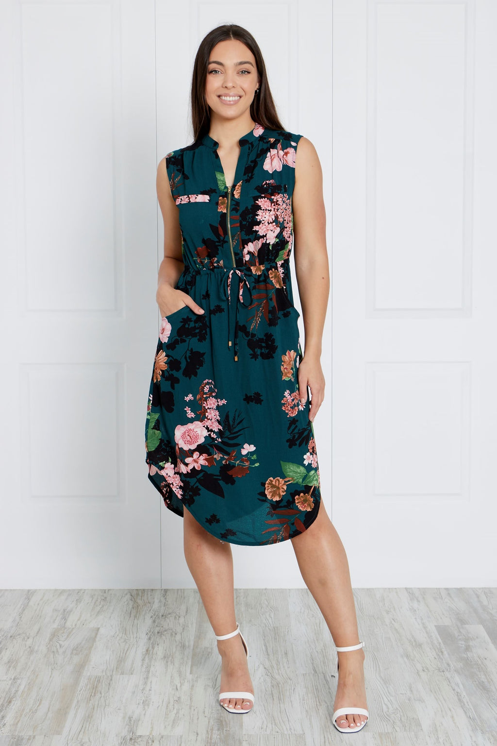 SLEEVELESS ZIP FRONT FLORAL DRESS