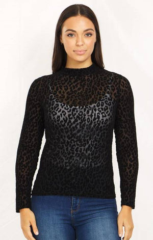 Long Sleeve Flocked Animal Print Top