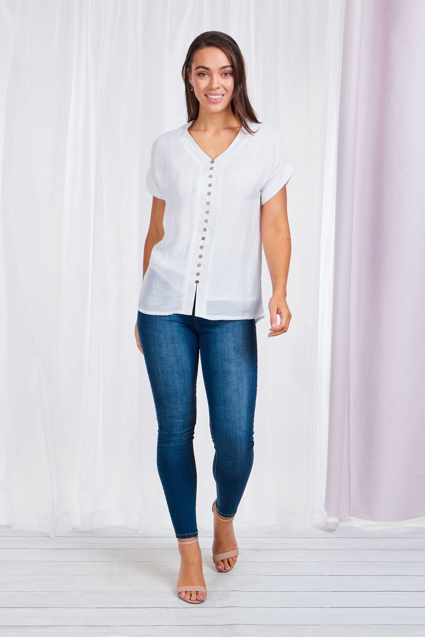 Cap Sleeve Button Front Top