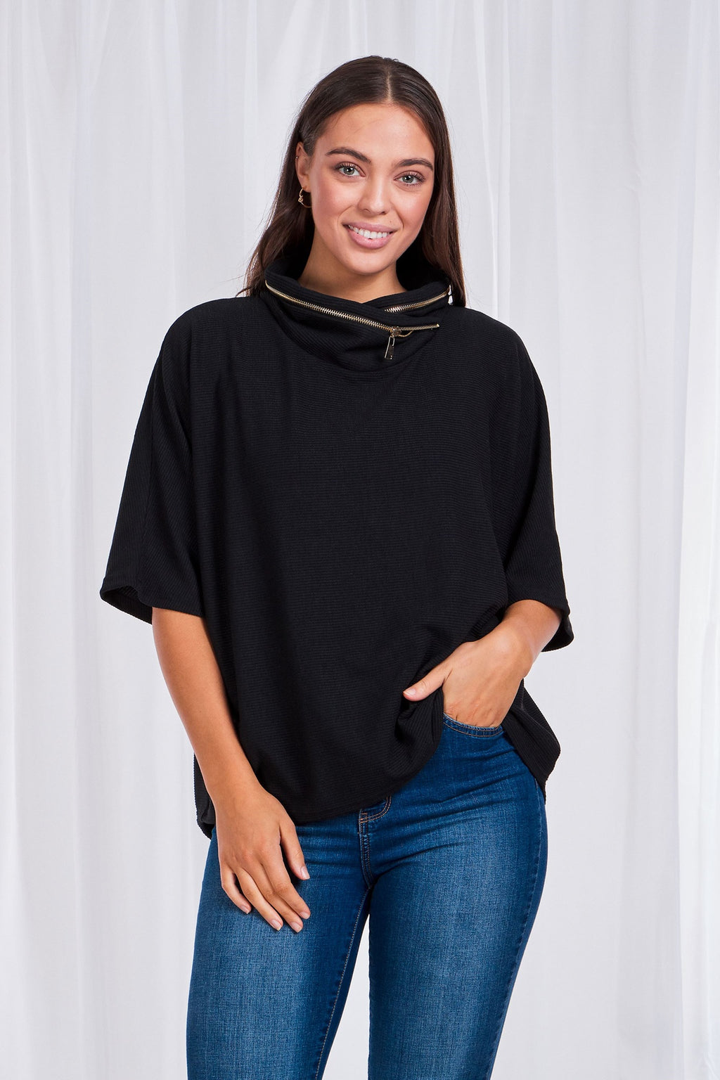 Zip Detail 3/4 Sleeve Cowl Neck Top