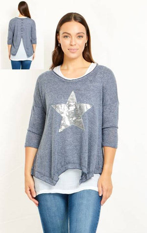 3/4 Sleeve Double Layer Top with Sequin Star and Hanky Hem