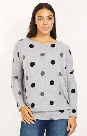 Long Sleeve Polka Dot Print Top With Wide Hem Band