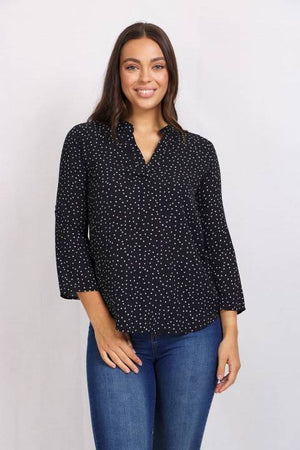 3/4 Roll-up Sleeve Printed Blouse With Mandarin Collar