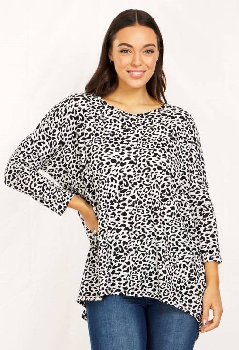 Long Dolman Sleeve Animal Print Top Hi Low Hem
