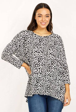 Long Dolman Sleeve Animal Print Top Hi Low Hem