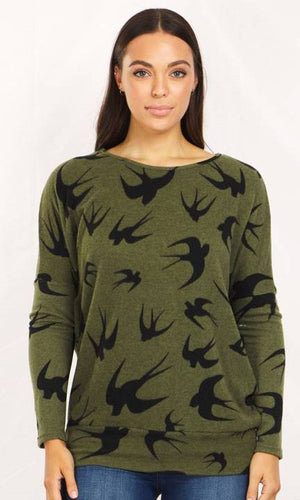 Long Sleeve Bird Print Acrylic Top With Wide Hem Band